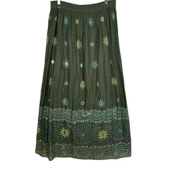 Long Tall Sally Sparkle Embellished Maxi Skirt Sz 12 Cotton boho olive green - Picture 1 of 7